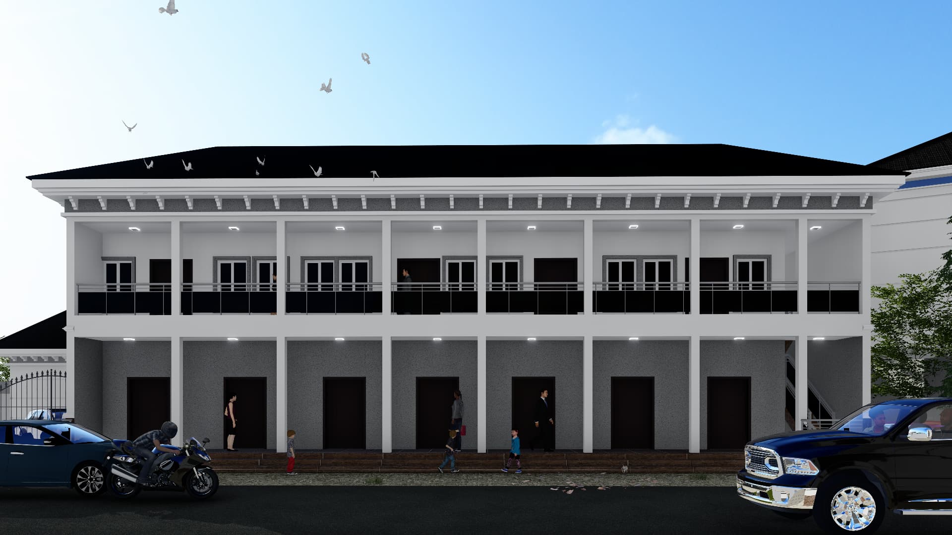 Front elevation — colonnaded shopfronts