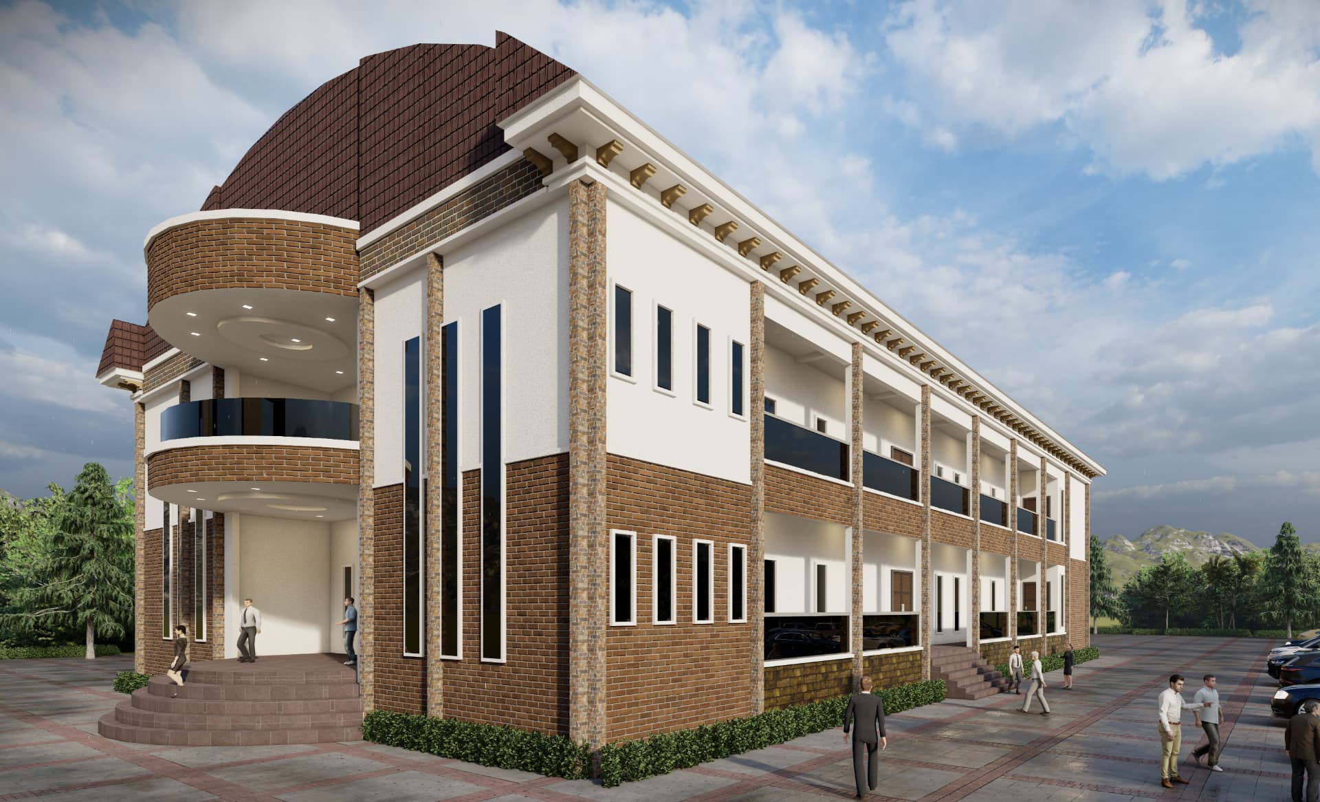Corner perspective — full building profile