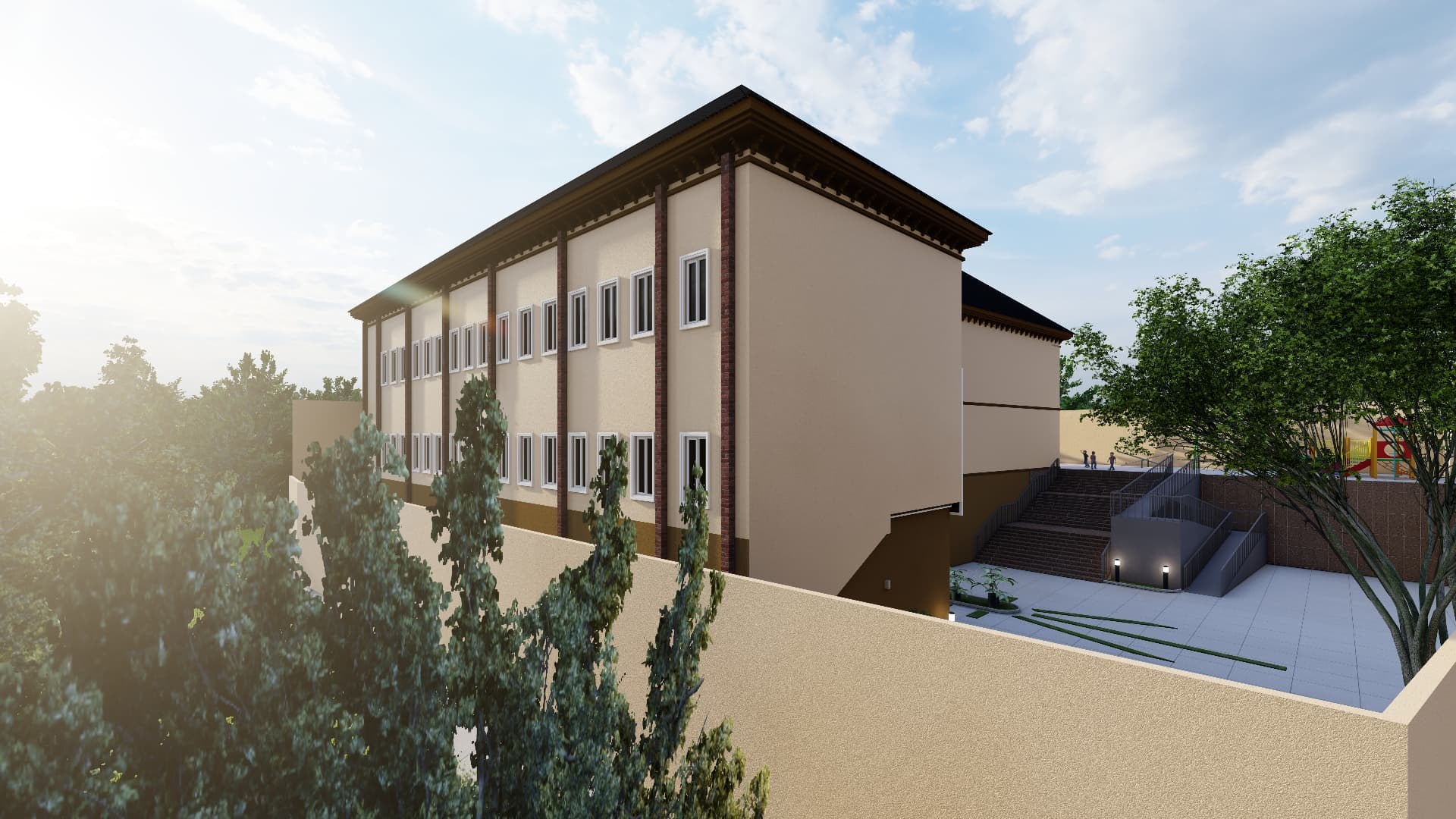 Rear elevation — full building profile
