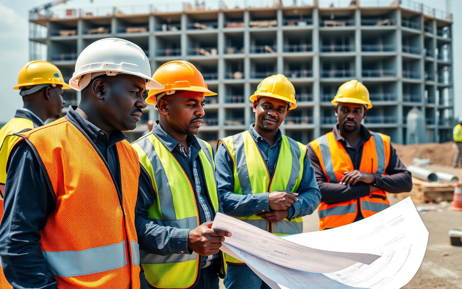 Construction engineers reviewing plans on site with PPE