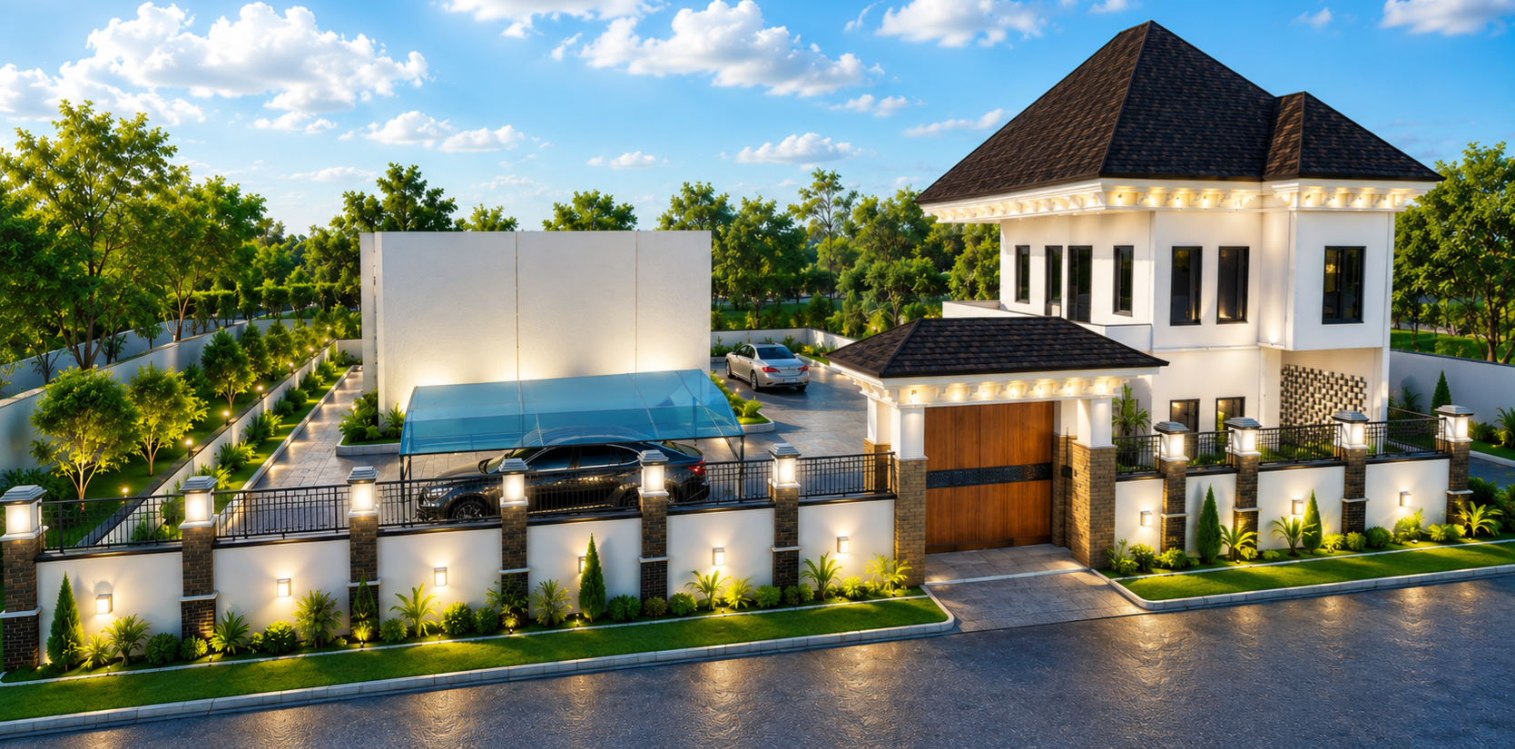 Luxury walled residence at dusk